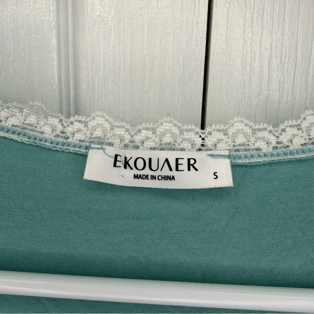 Ekouaer Teal Wrap Style Nightgown Sleep Dress Lace Trim Soft Stretch Small